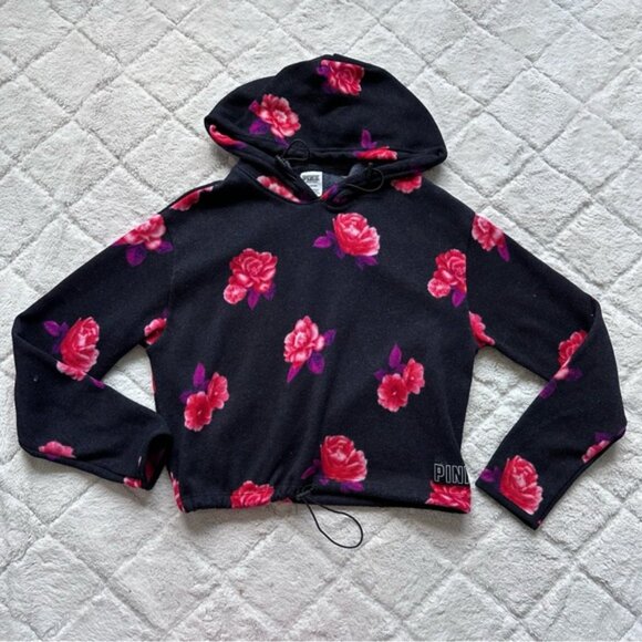 Victoria's Secret PINK | Black & Red Flower Crop Hoodie | Size Small - Picture 3 of 9